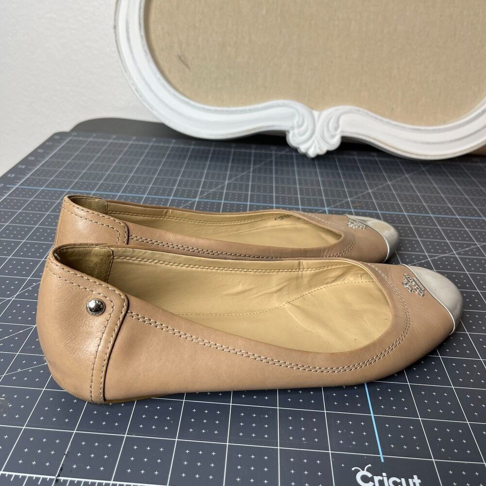 2/$100 Coach New York Chelsea Tan Leather Silver Metallic Cap Toe Flats - Picture 13 of 14
